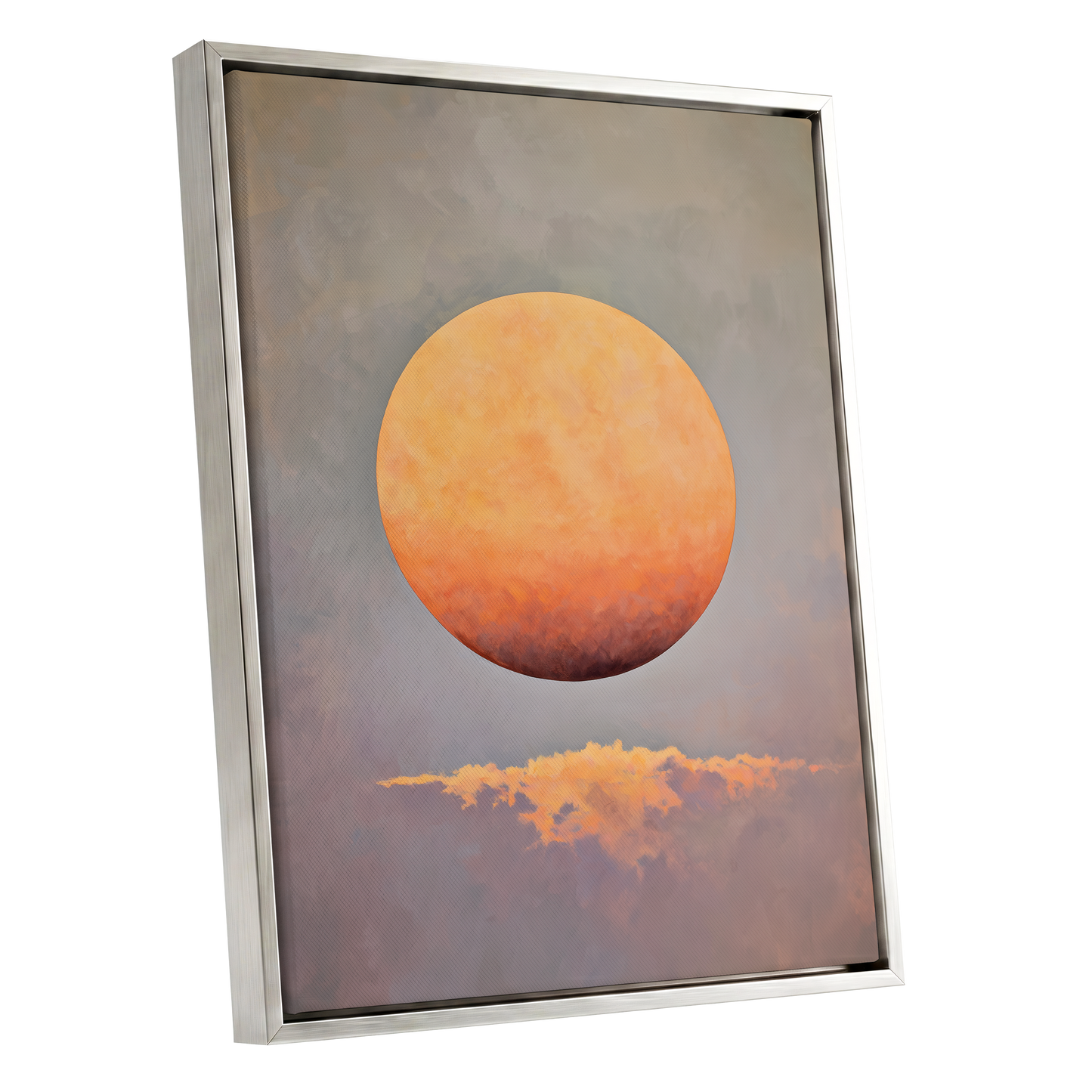 Ember Sphere, orange, gold, gray nature wall art shown as a silver framed canvas wall art