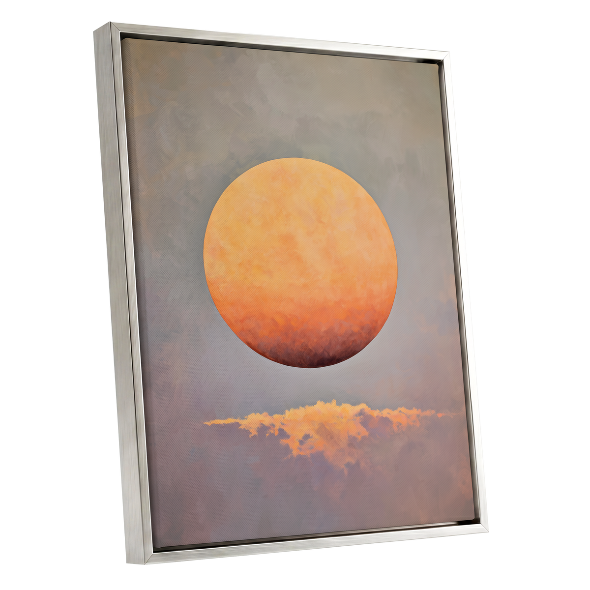 Ember Sphere, orange, gold, gray nature wall art shown as a silver framed canvas wall art