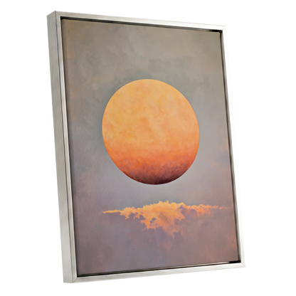Ember Sphere, orange, gold, gray nature wall art shown as a silver framed canvas wall art