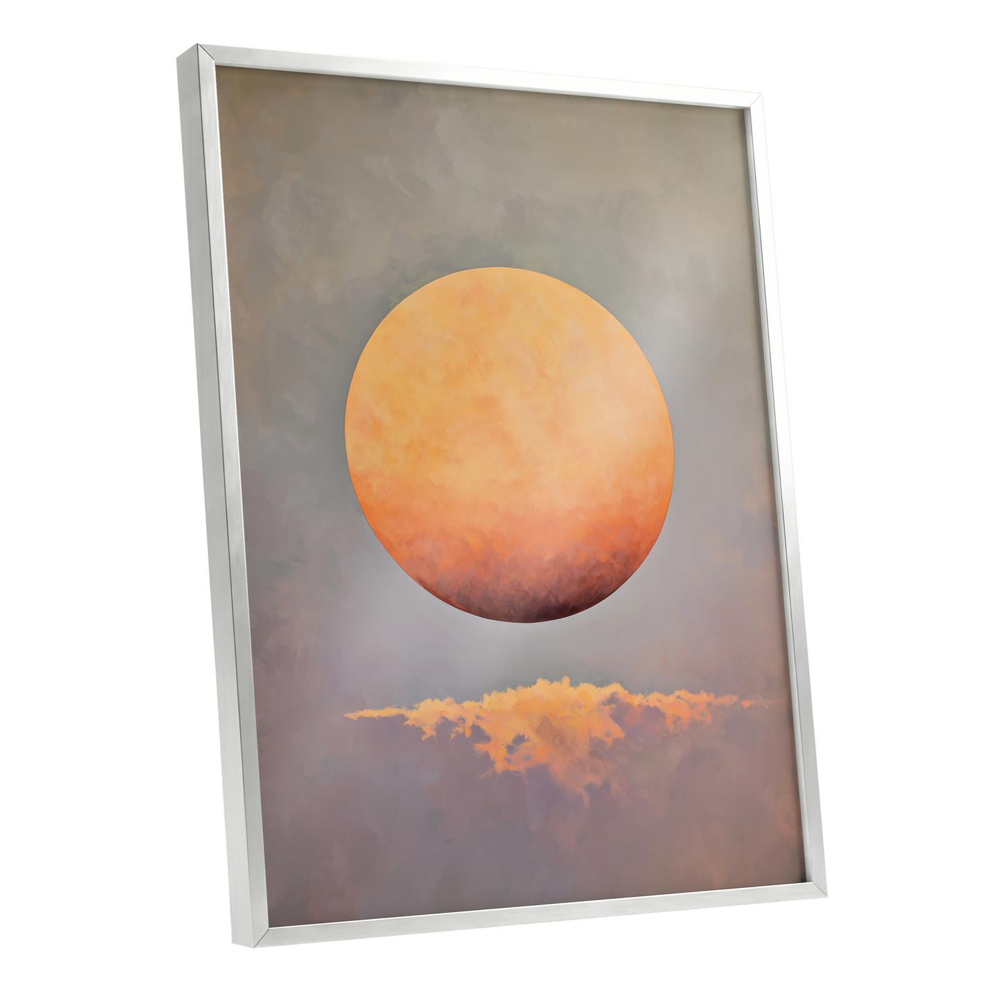 Ember Sphere, orange, gold, gray nature wall art shown as a silver framed poster wall art print