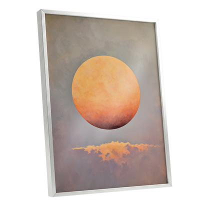 Ember Sphere, orange, gold, gray nature wall art shown as a silver framed poster wall art print