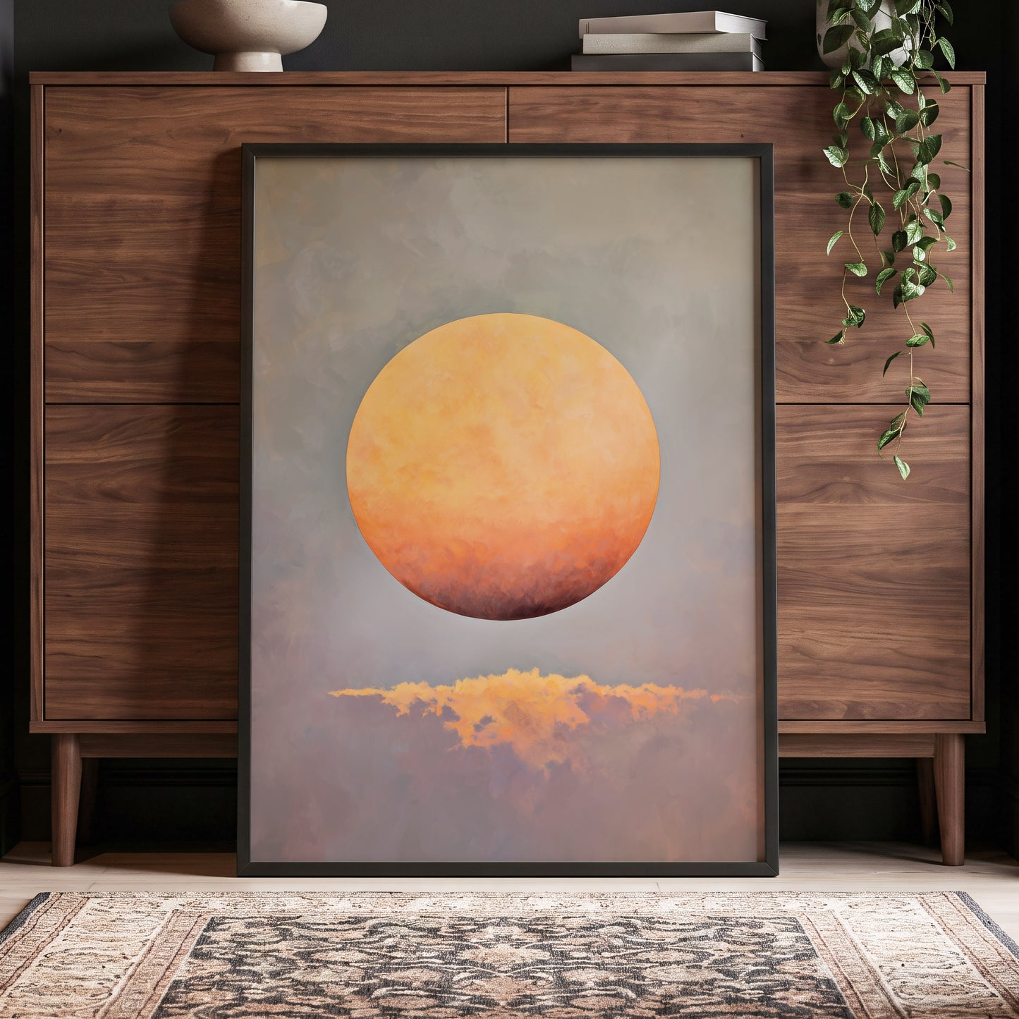 Ember Sphere, orange, gold, gray nature wall art displayed in a styled interior, gallery view 2
