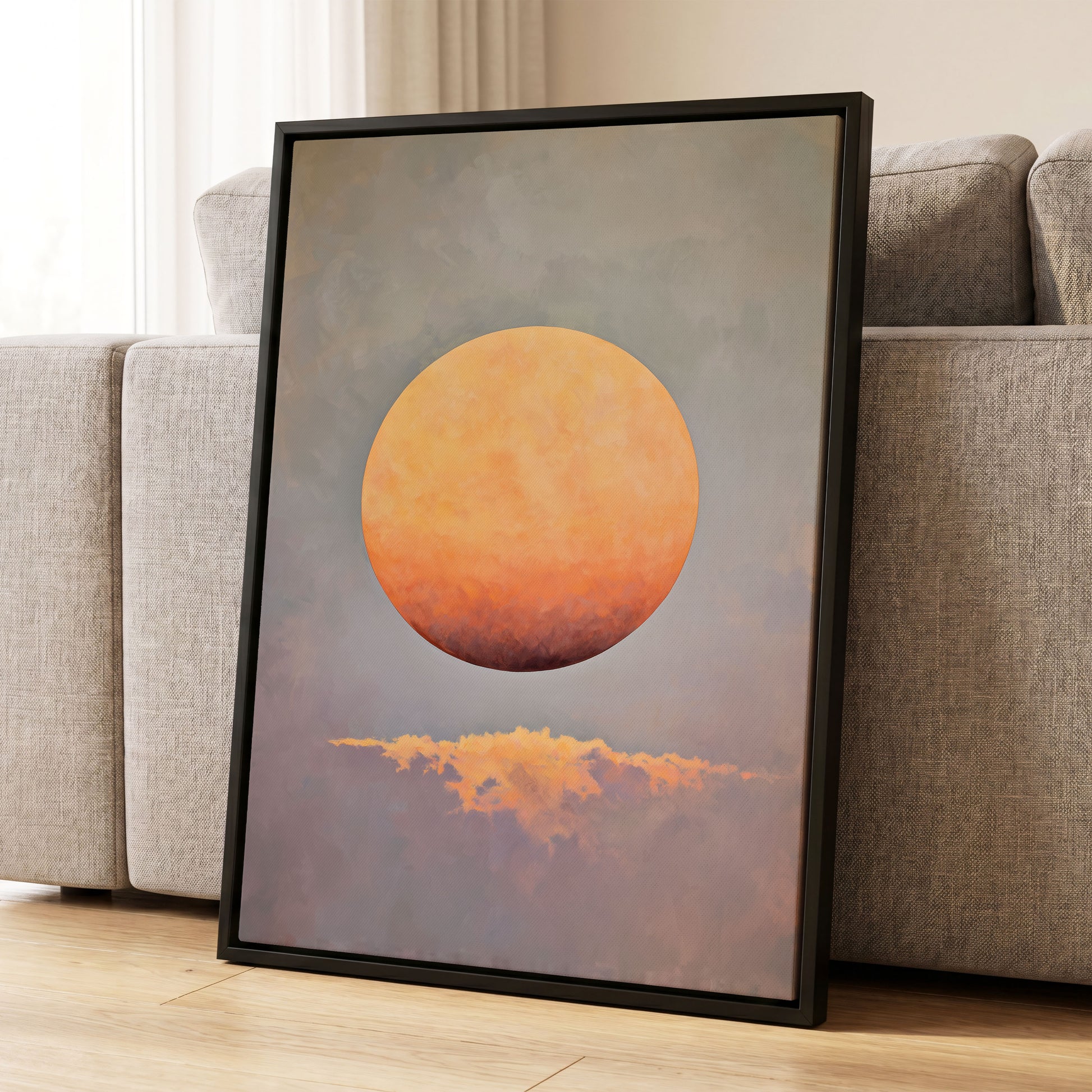 Ember Sphere, orange, gold, gray nature wall art displayed in a styled interior, gallery view 4