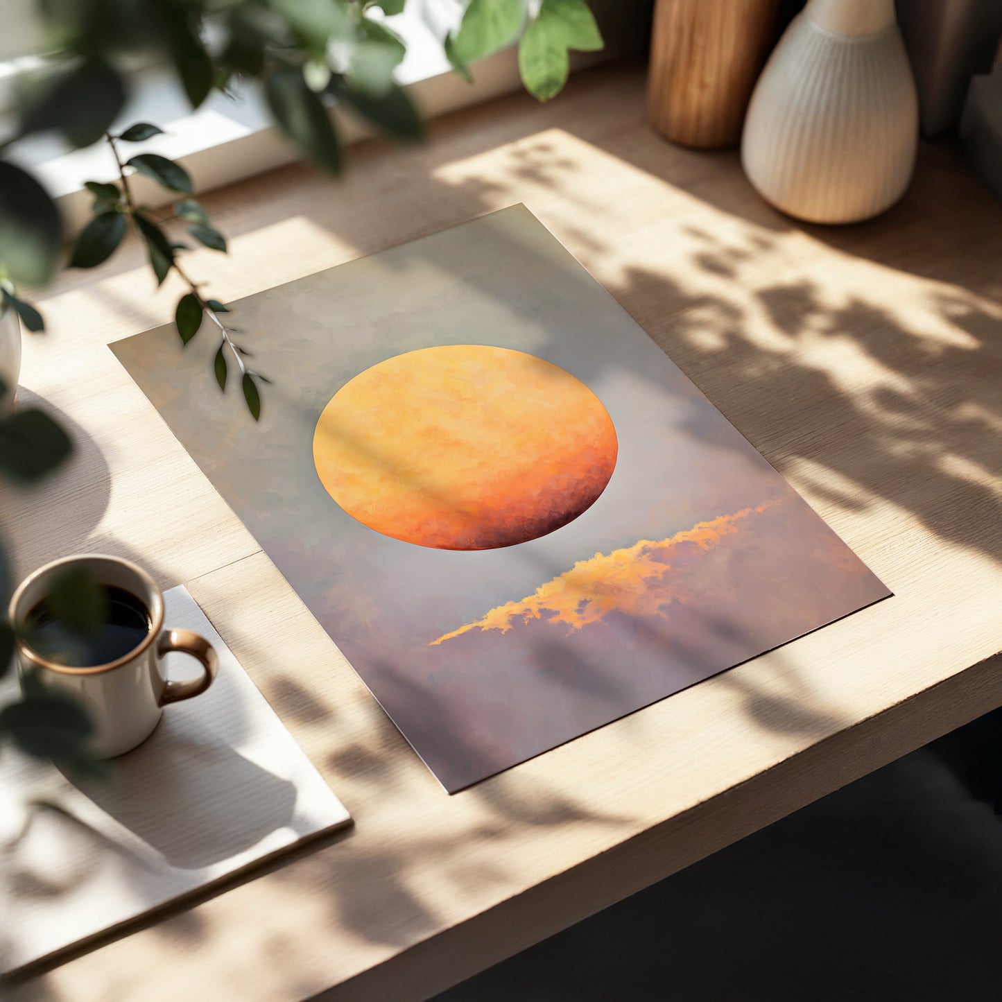 Ember Sphere, orange, gold, gray nature wall art displayed in a styled interior, gallery view 5