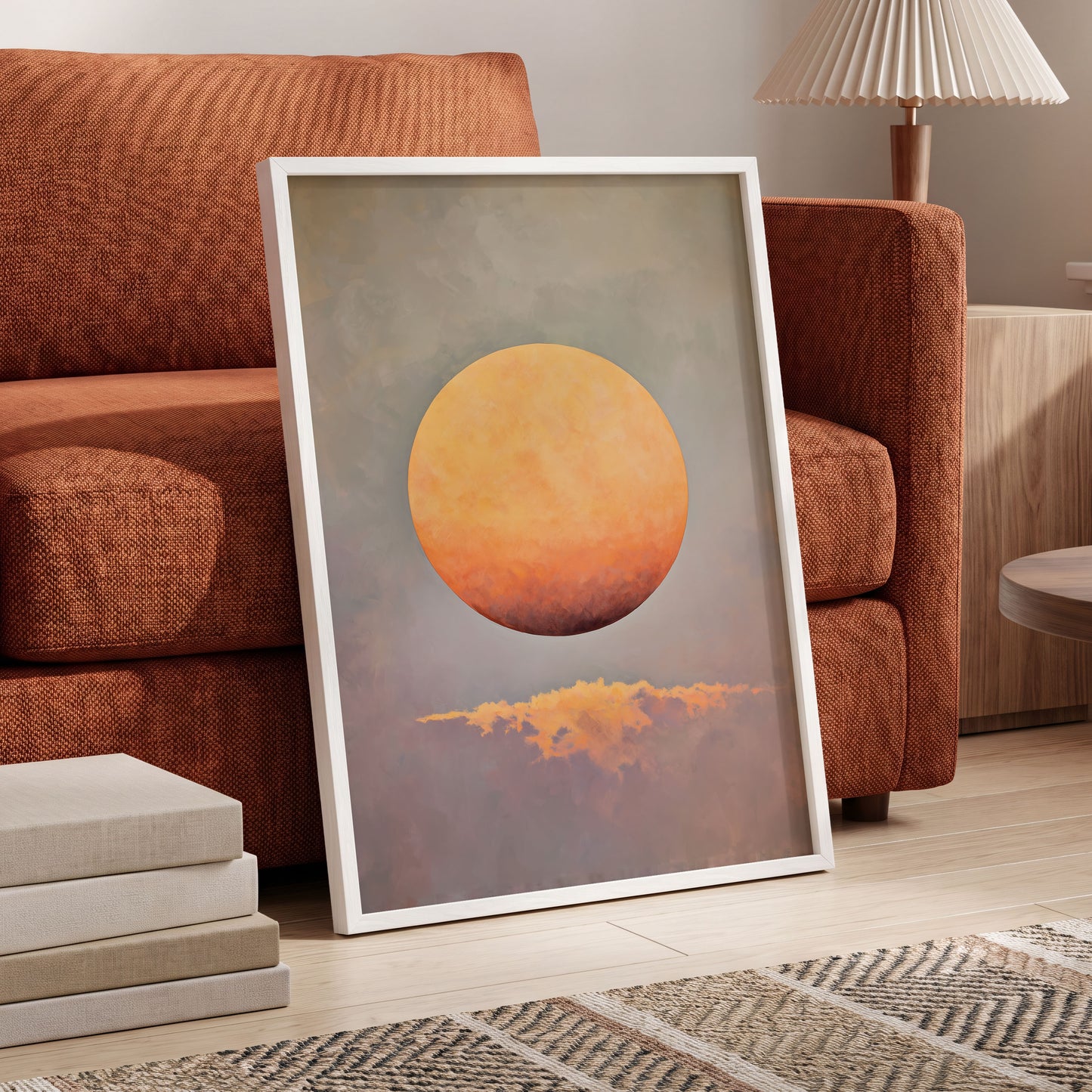 Ember Sphere, orange, gold, gray nature wall art displayed in a styled interior, gallery view 6