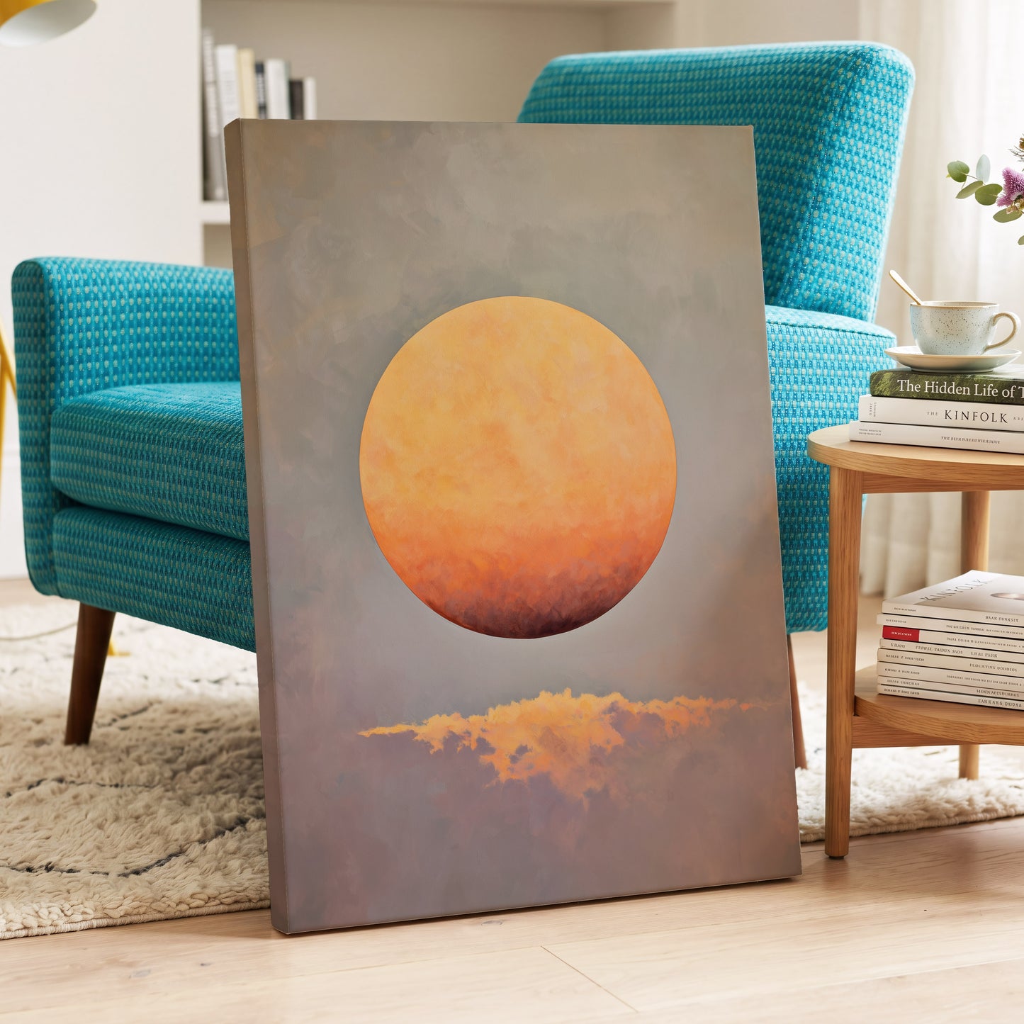 Ember Sphere, orange, gold, gray nature wall art displayed in a styled interior, gallery view 7