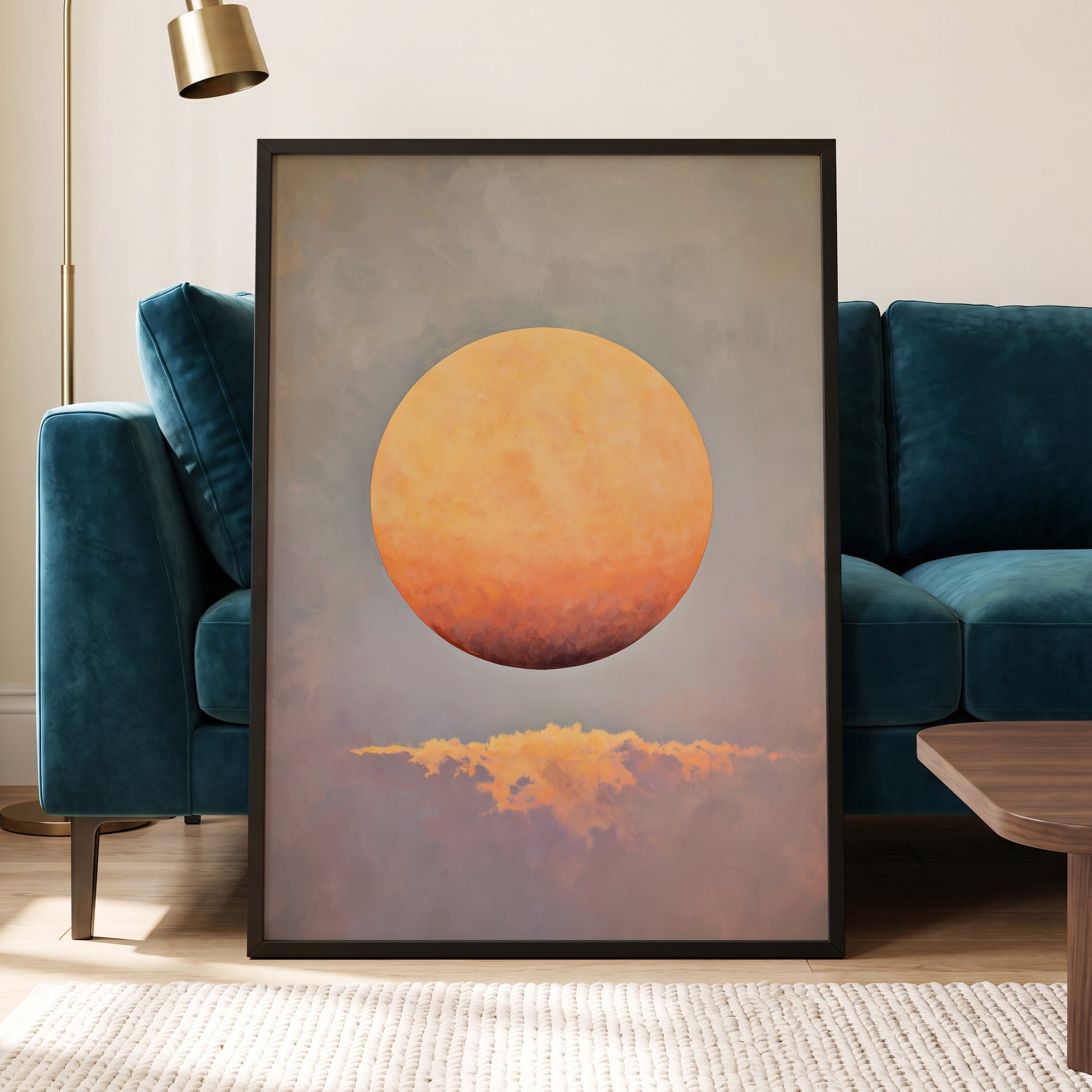 Ember Sphere, orange, gold, gray nature wall art displayed in a styled interior, gallery view 9