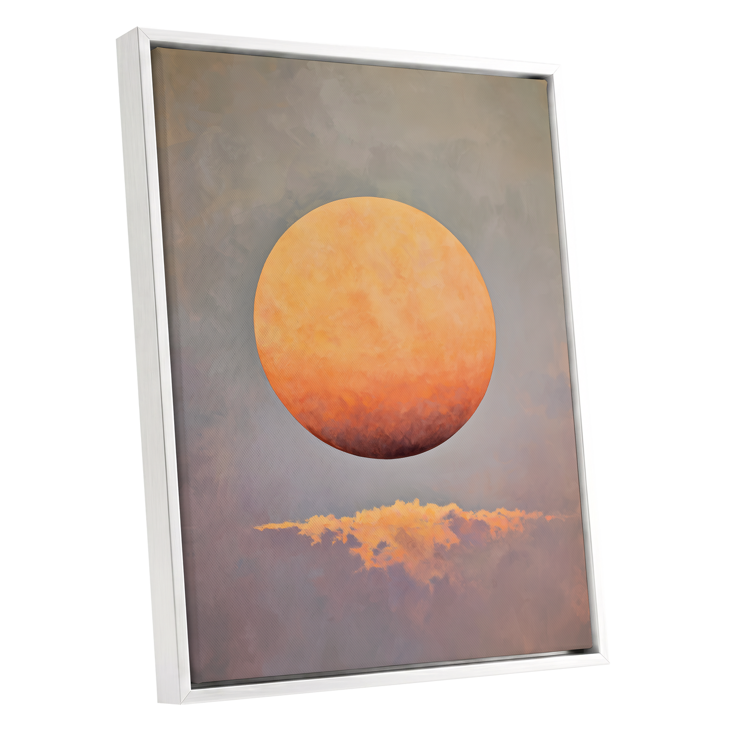 Ember Sphere, orange, gold, gray nature wall art shown as a white framed canvas wall art
