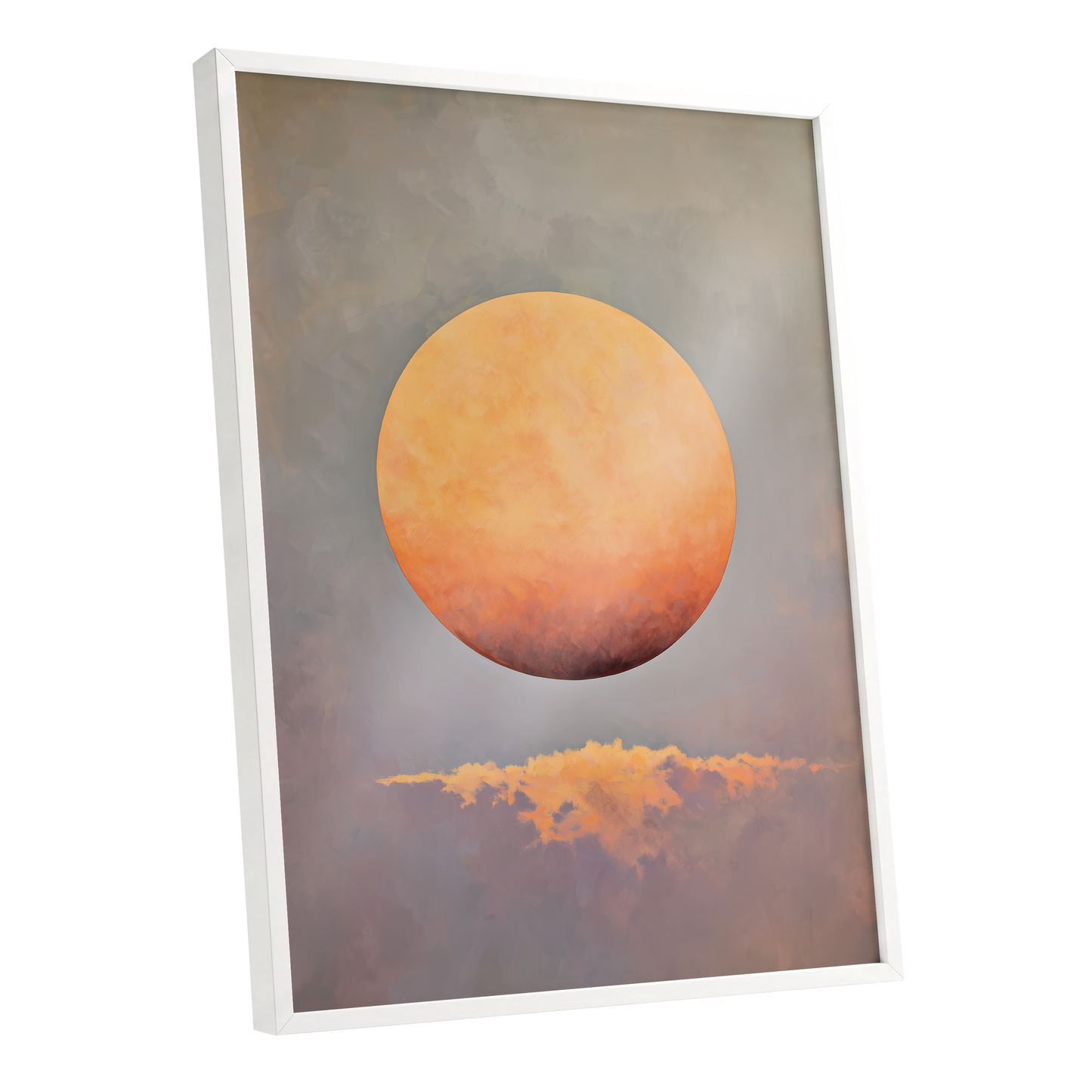 Ember Sphere, orange, gold, gray nature wall art shown as a white framed poster wall art print
