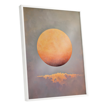 Ember Sphere, orange, gold, gray nature wall art shown as a white framed poster wall art print