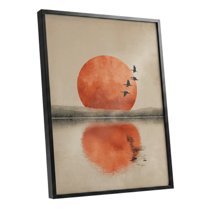 Ember Sun Passage, beige, orange, red nature wall art shown as a black framed poster wall art print