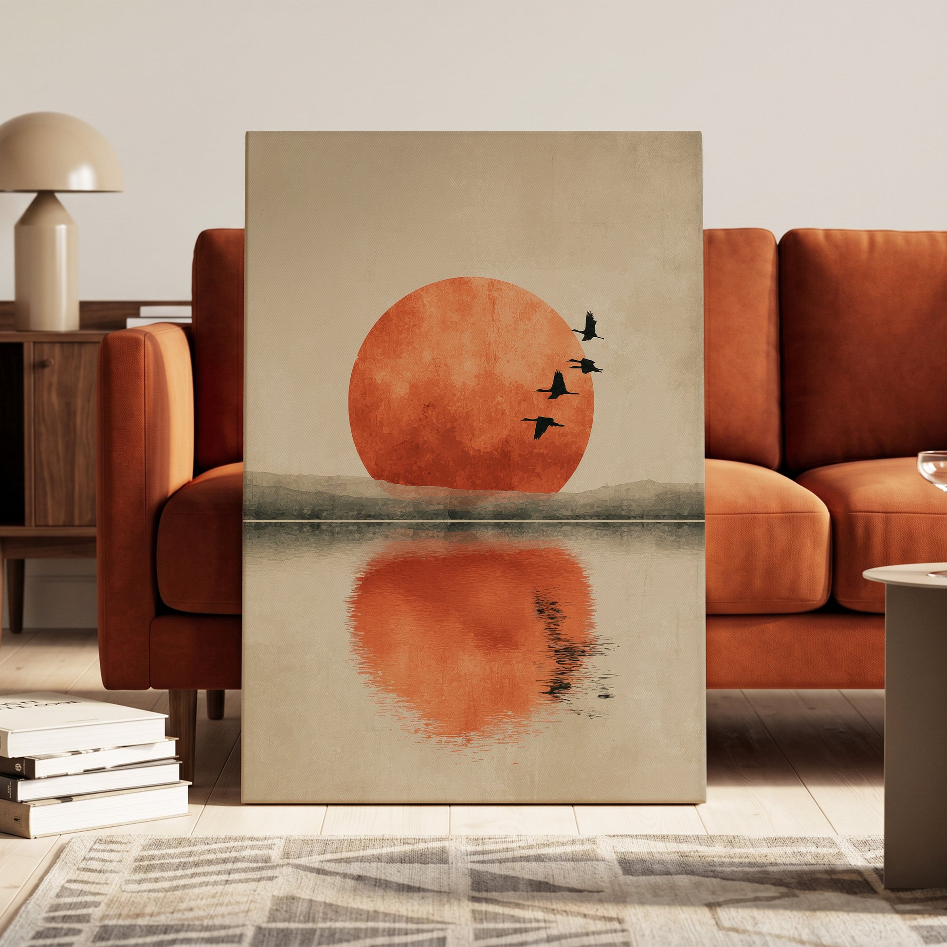 Ember Sun Passage, beige, orange, red nature wall art on canvas displayed in a styled interior, gallery view 1