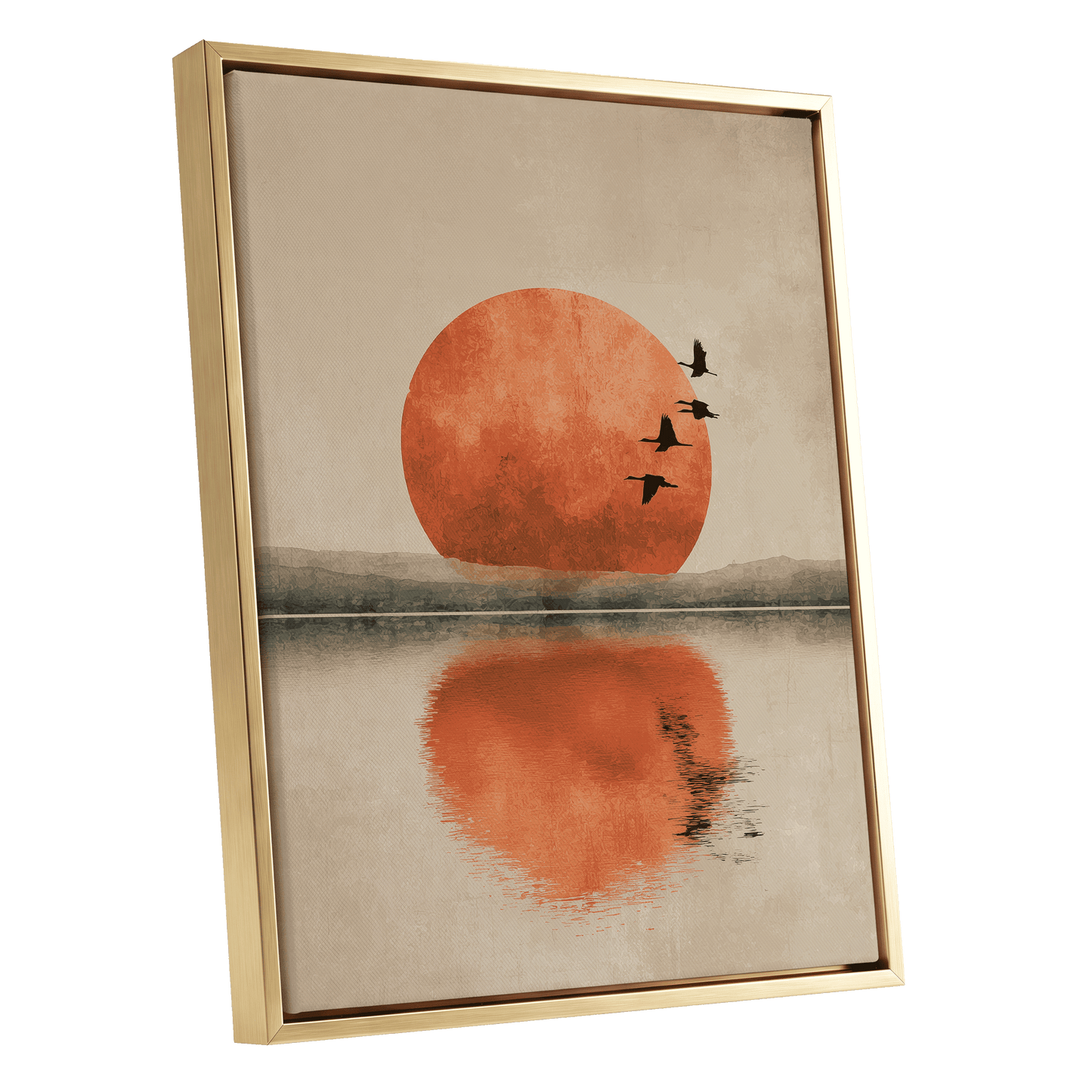 Ember Sun Passage, beige, orange, red nature wall art shown as a gold framed canvas wall art