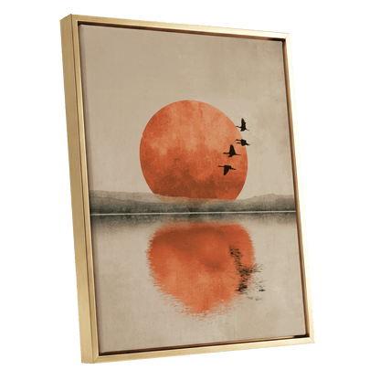 Ember Sun Passage, beige, orange, red nature wall art shown as a gold framed canvas wall art