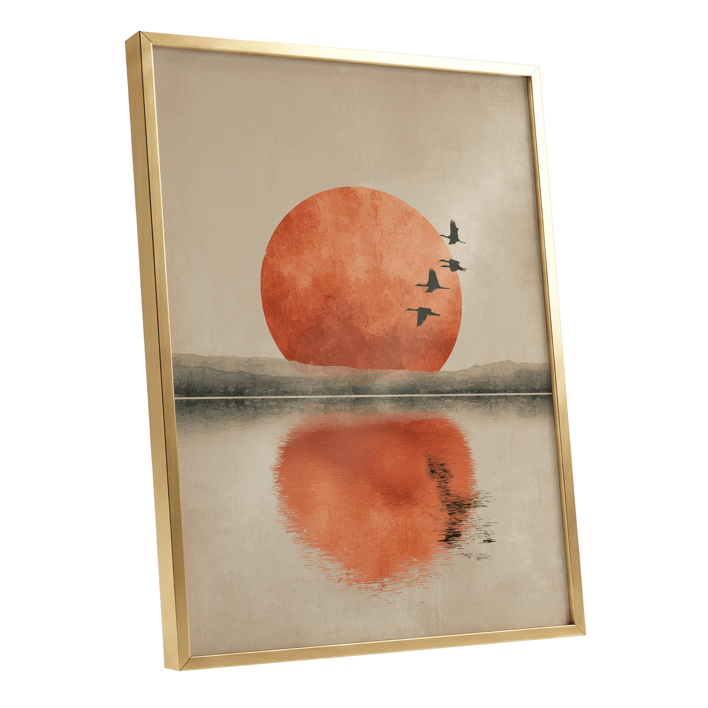 Ember Sun Passage, beige, orange, red nature wall art shown as a gold framed poster wall art print