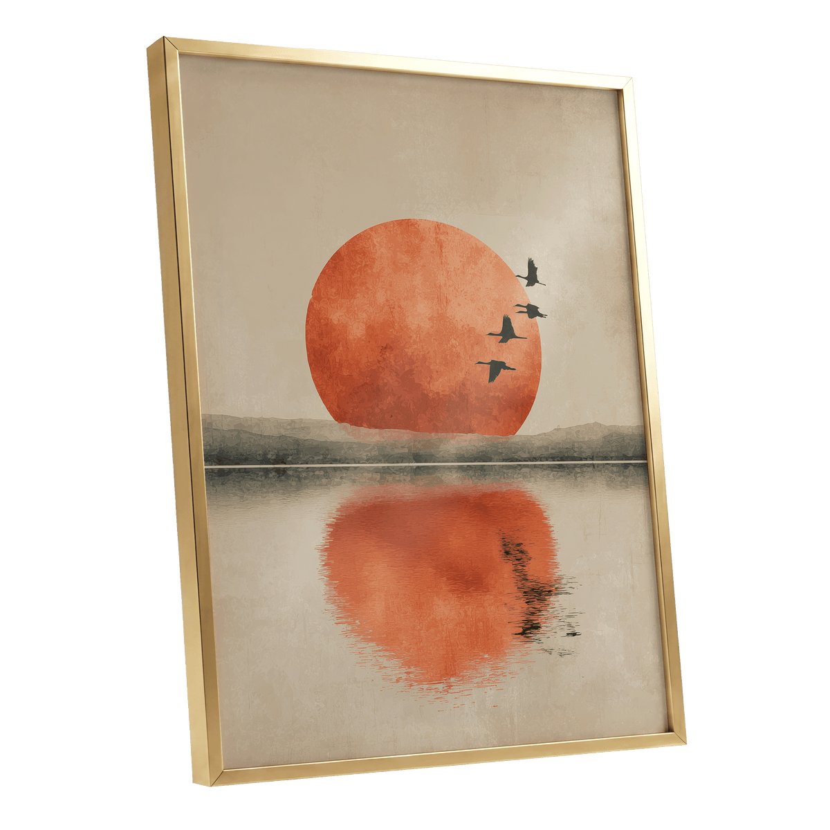 Ember Sun Passage, beige, orange, red nature wall art shown as a gold framed poster wall art print