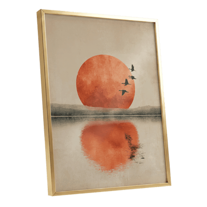 Ember Sun Passage, beige, orange, red nature wall art shown as a gold framed poster wall art print