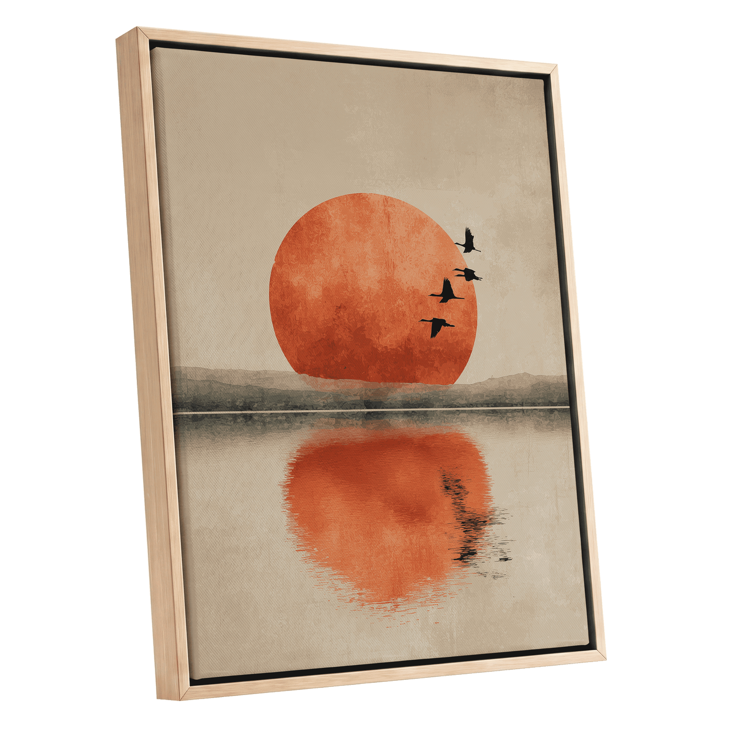 Ember Sun Passage, beige, orange, red nature wall art shown as a oak framed canvas wall art