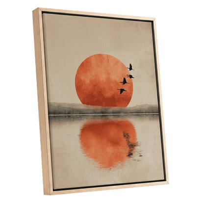 Ember Sun Passage, beige, orange, red nature wall art shown as a oak framed canvas wall art