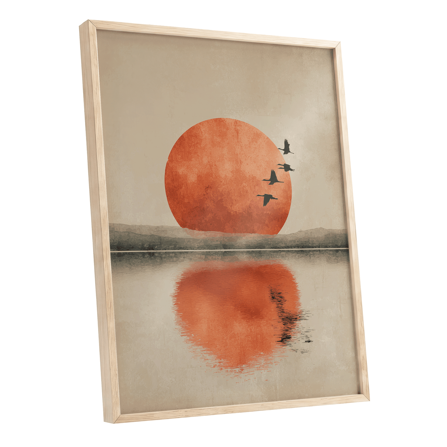 Ember Sun Passage, beige, orange, red nature wall art shown as a oak framed poster wall art print