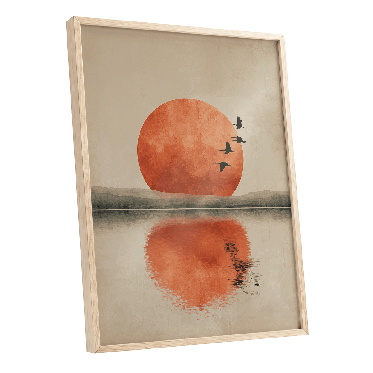 Ember Sun Passage, beige, orange, red nature wall art shown as a oak framed poster wall art print