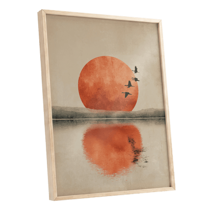 Ember Sun Passage, beige, orange, red nature wall art shown as a oak framed poster wall art print