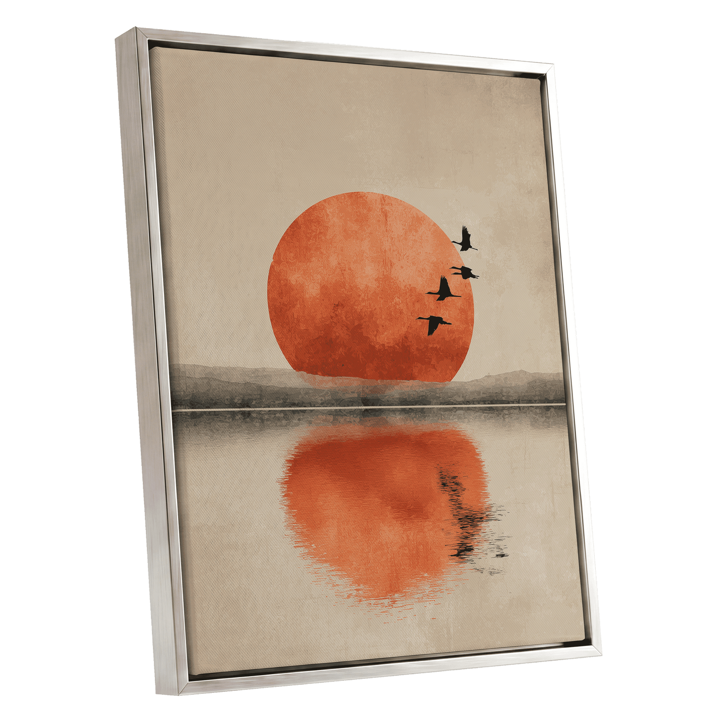 Ember Sun Passage, beige, orange, red nature wall art shown as a silver framed canvas wall art