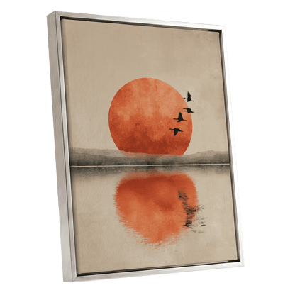 Ember Sun Passage, beige, orange, red nature wall art shown as a silver framed canvas wall art