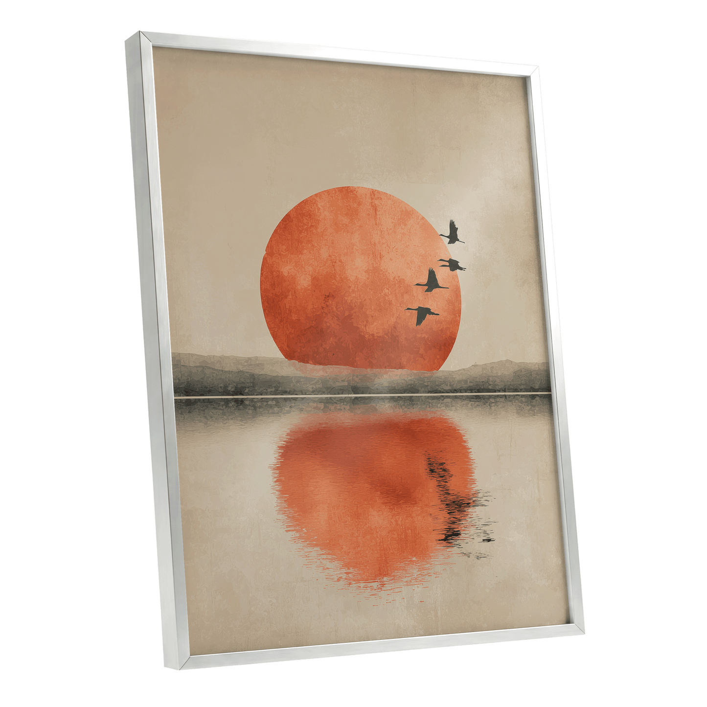 Ember Sun Passage, beige, orange, red nature wall art shown as a silver framed poster wall art print