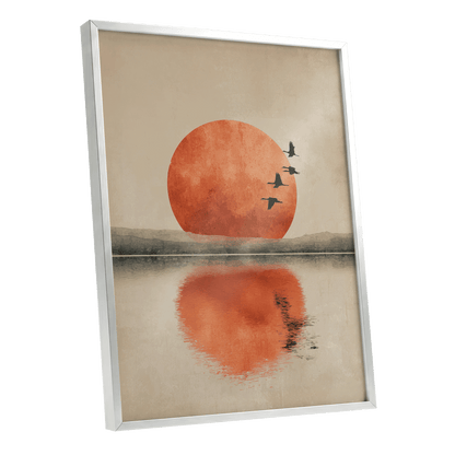 Ember Sun Passage, beige, orange, red nature wall art shown as a silver framed poster wall art print