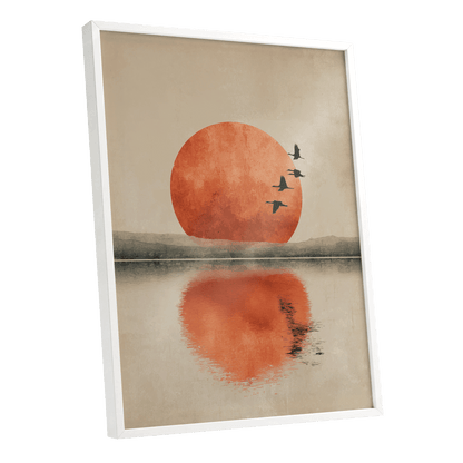 Ember Sun Passage, beige, orange, red nature wall art shown as a white framed poster wall art print