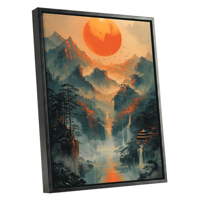 Ember Sun Sanctuary, green, orange, beige nature wall art shown as a black framed canvas wall art