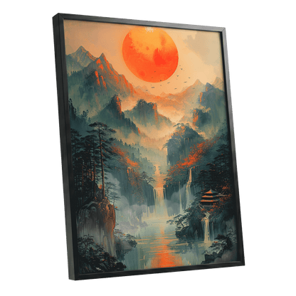 Ember Sun Sanctuary, green, orange, beige nature wall art shown as a black framed poster wall art print