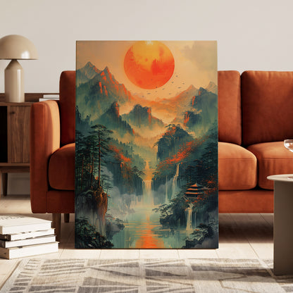 Ember Sun Sanctuary, green, orange, beige nature wall art on canvas displayed in a styled interior, gallery view 1