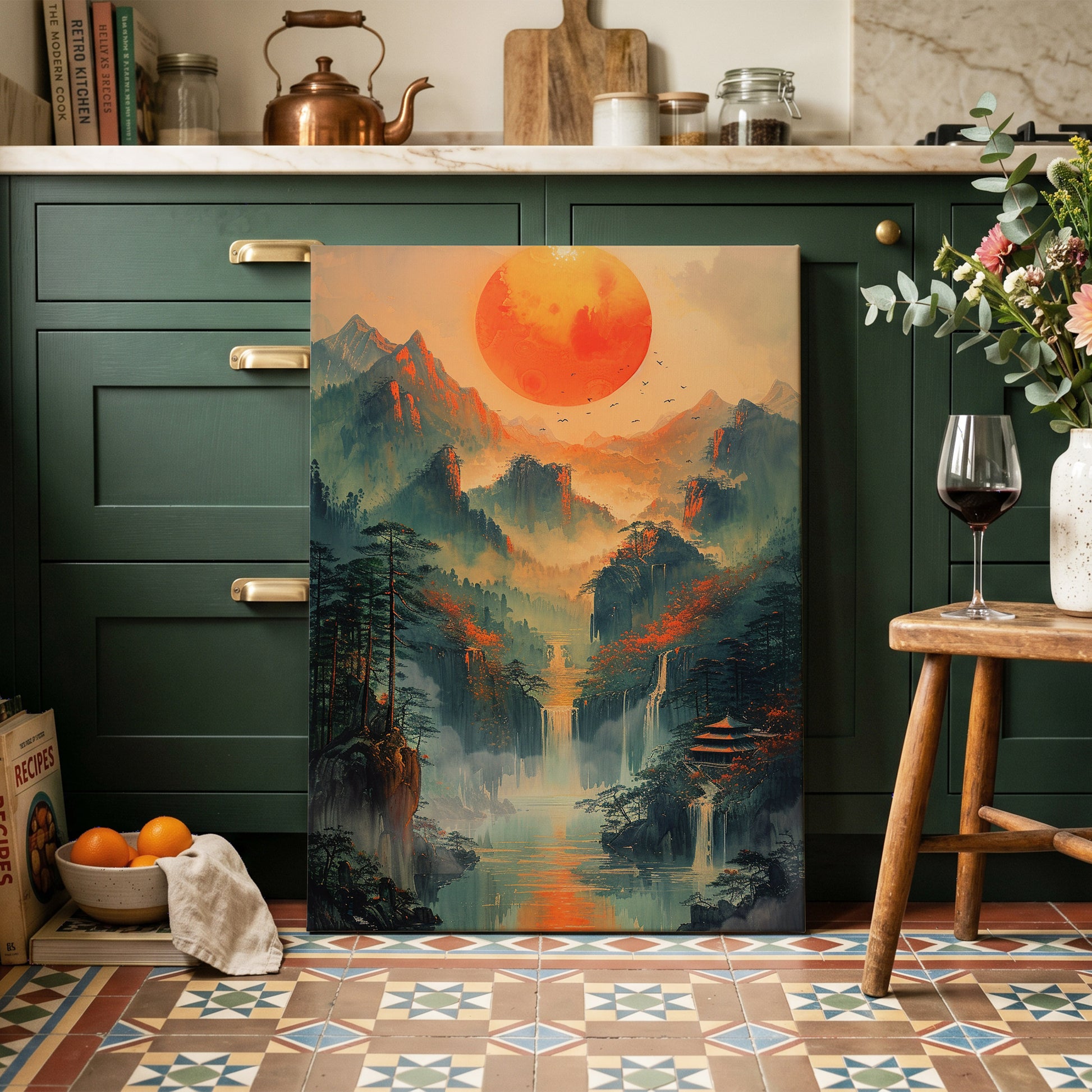 Ember Sun Sanctuary, green, orange, beige nature wall art on canvas displayed in a styled interior, gallery view 2