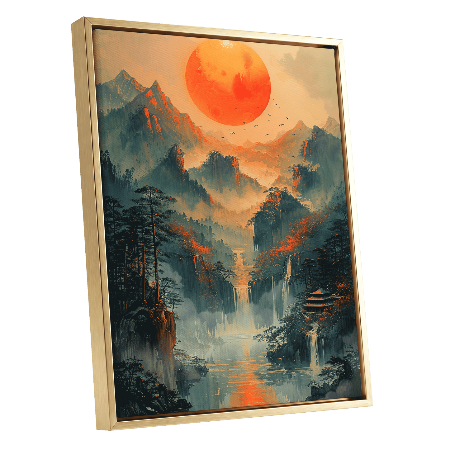 Ember Sun Sanctuary, green, orange, beige nature wall art shown as a gold framed canvas wall art