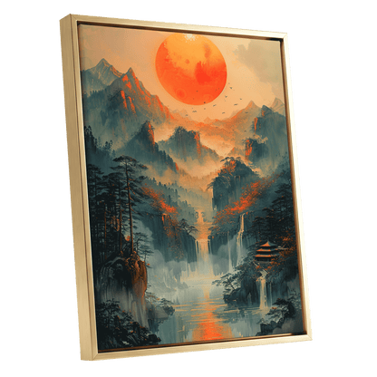 Ember Sun Sanctuary, green, orange, beige nature wall art shown as a gold framed canvas wall art