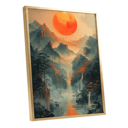 Ember Sun Sanctuary, green, orange, beige nature wall art shown as a gold framed poster wall art print