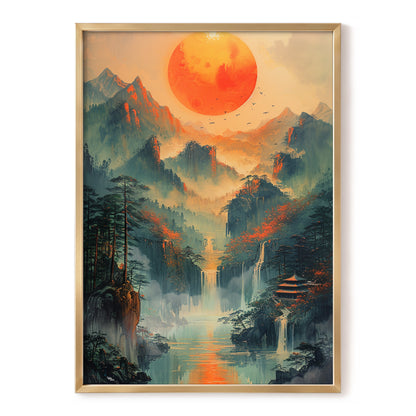 Ember Sun Sanctuary, green, orange, beige nature wall art, front artwork view