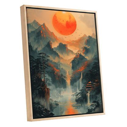 Ember Sun Sanctuary, green, orange, beige nature wall art shown as a oak framed canvas wall art
