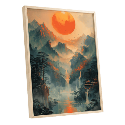 Ember Sun Sanctuary, green, orange, beige nature wall art shown as a oak framed poster wall art print
