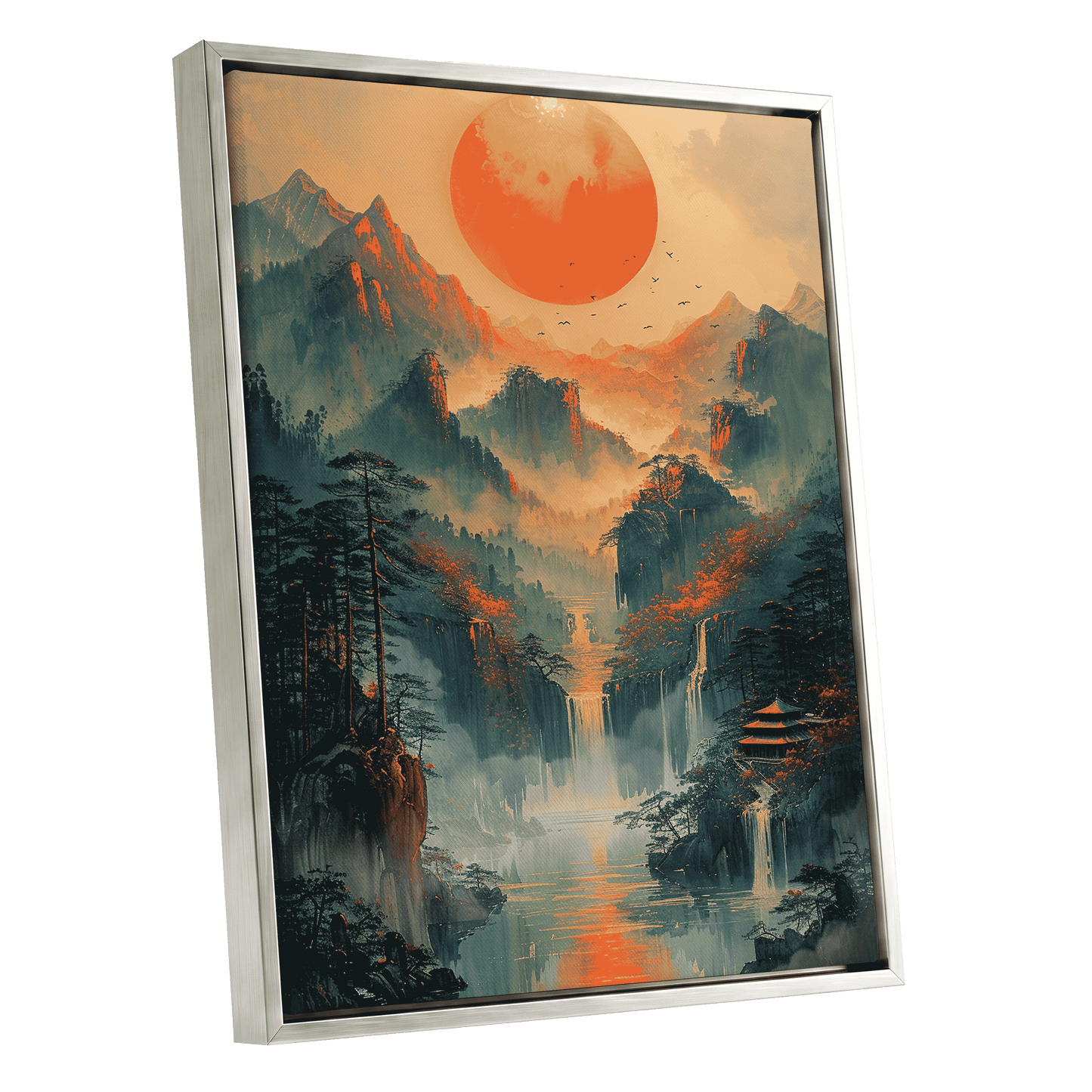 Ember Sun Sanctuary, green, orange, beige nature wall art shown as a silver framed canvas wall art