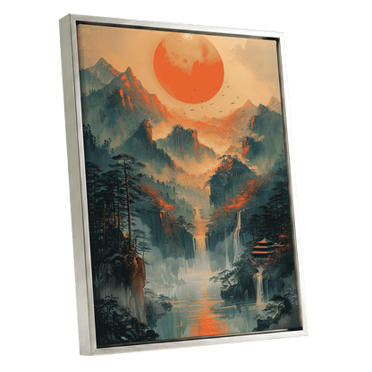 Ember Sun Sanctuary, green, orange, beige nature wall art shown as a silver framed canvas wall art