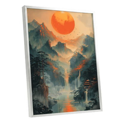 Ember Sun Sanctuary, green, orange, beige nature wall art shown as a silver framed poster wall art print
