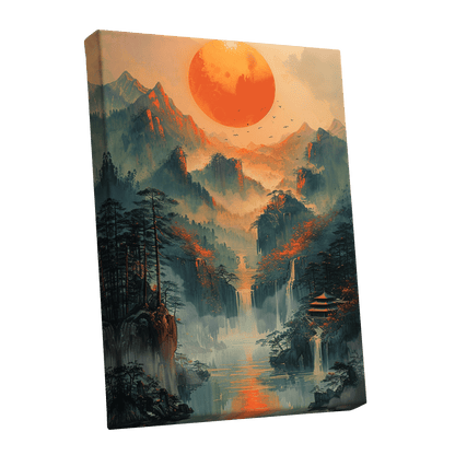 Ember Sun Sanctuary, green, orange, beige nature wall art shown as a stretched canvas wall art