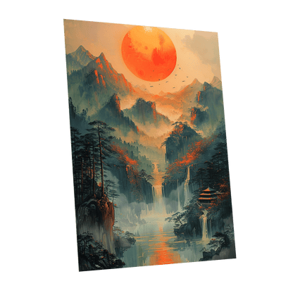 Ember Sun Sanctuary, green, orange, beige nature wall art shown as a unframed poster wall art print