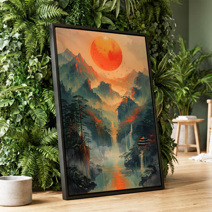 Ember Sun Sanctuary, green, orange, beige nature wall art displayed in a styled interior, gallery view 1