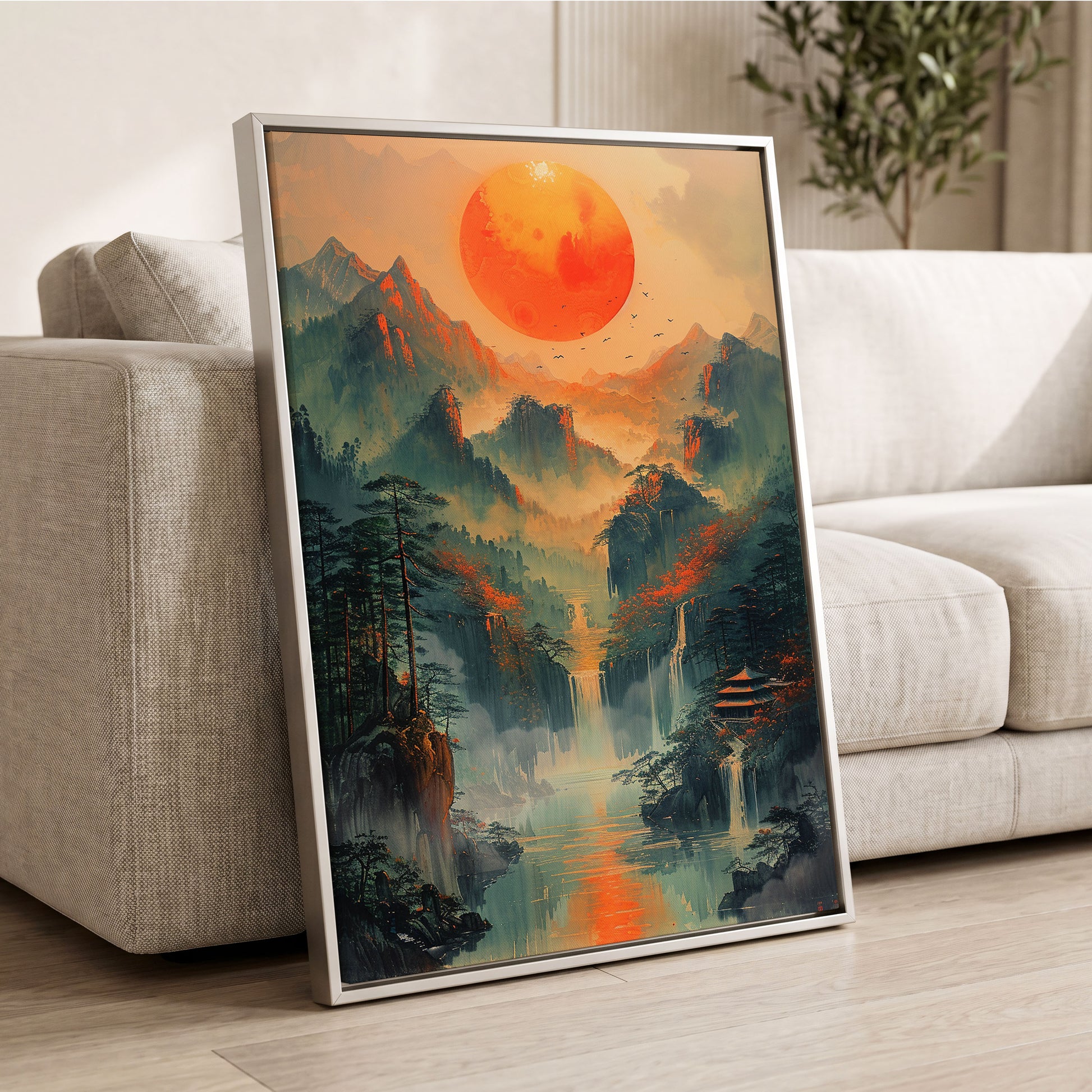 Ember Sun Sanctuary, green, orange, beige nature wall art displayed in a styled interior, gallery view 2