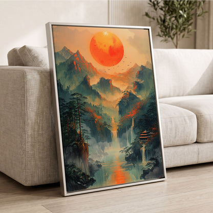 Ember Sun Sanctuary, green, orange, beige nature wall art displayed in a styled interior, gallery view 2