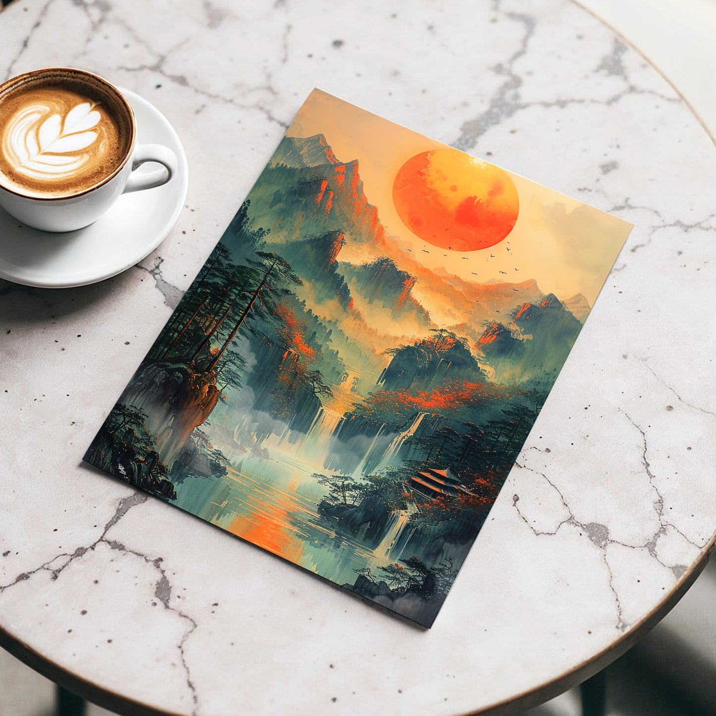 Ember Sun Sanctuary, green, orange, beige nature wall art displayed in a styled interior, gallery view 3